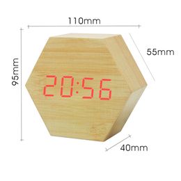 Creative LED wooden hexagonal clock, intelligent voice-activated alarm clock for bedroom office home desk -- Red light