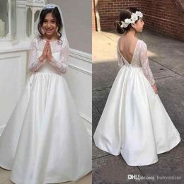 White Lace Satin A-Line Flower Girls Dresses Jewel Illusion Backless Sheer Straps Long Sleeves Floor-Length Kids Formal Wear Dresses
