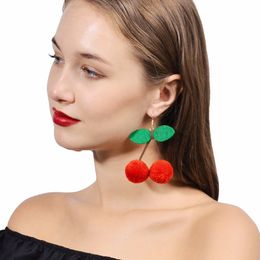 Cute Korean Style Velvet Fruit Cherry Earrings for Women Faux Fur Ball Drops Dangle Earing Ear Jewellery Girlfriend Gift