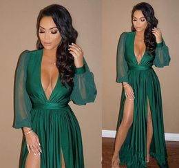 Green Plunging V Neck Evening Dress Sheer Long Sleeves Formal Holiday Wear Prom Party Gown Custom Made Plus Size