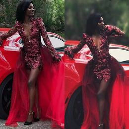 Sexy Red Short Prom Dresses With Detachable Skirt Deep V Neck Long Sleeve Sparkly Evening Gowns Tulle Lace Appliques Formal Party Dress