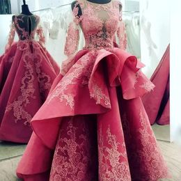 Gorgeous Sheer Neck Prom Dresses Lace Appliques Illusion Long Sleeves Evening Gowns Saudi Arabia Ruched Satin Women Formal Party Dress