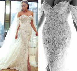 2018 Mermaid Wedding Dresses Off Shoulder Cap Sleeves With Wrap Beads Pearl Lace Front Split Long Beach Country Behomain Custom Bridal Gowns
