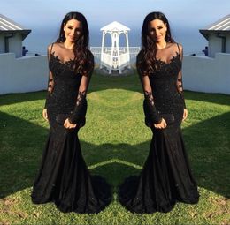 Black Prom Dresses Sexy Arabic Illusion Lace Appliques Crystal Beaded Mermaid Long Sleeves Vestidos De Fiesta Formal Evening Gowns HY380