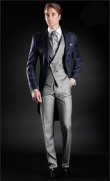 Wholesale -- Custom Design Peaked Lapel Navy Blue Tailcoat Men Party Groomsmen Suits in Wedding Tuxedos(Jacket+Pants+Tie+Vest) NO;298
