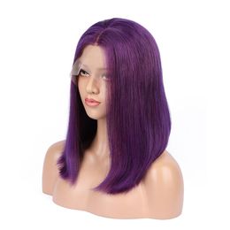 Long Coloured Purple Wigs 10--26 inch Lace Frontal Wigs Brazilian Straight Human Remy Hair Wigs Density 130% Pre Plucked 100% Human Hair
