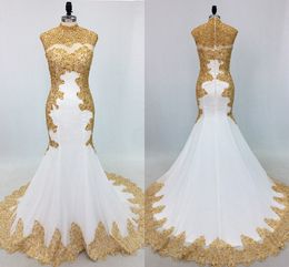 Gold Beaded Applique Crystals Evening Dress High Neck Mermaid Dresses 2019 Sexy Prom Dress Formal Gowns Elegant Party Dress Long Custom Made