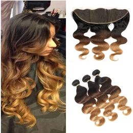 Brazilian Body Wave Bundles With Frontal Remy 1B/4/27 3 Tone Ombre Human Hair Weave Bundles Dark Roots Closure With Baby Hair