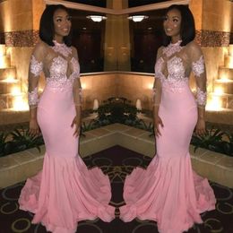 Hot Sell Sheer Long Sleeves Prom Dresses African Blacks High Neck Sheer Appliqued Pink Evening Gowns Illusion Bodice Party Wears