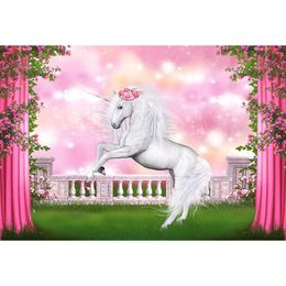 Baby Girl's Unicorn Birthday Party Backdrop Bokeh Dots Pink Curtains Flowers Green Vines Kids Fairy Tale Photography Backdrops