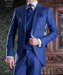 Morning Style Royal Blue 3 Piece Suit Men Wedding Tuxedos Peak Lapel Slim Fit Groom Tuxedos Men Dinner Prom Blazer(Jacket+Pants+ Tie+Vest)60