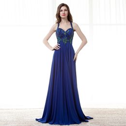 Sexy Royal Blue Evening Dresses Chiffon Sparkling Beads Sequins decorations Sweep Train Long Prom Dress Hollow Back