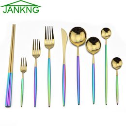 JANKNG 20-Piece Gold Rainbow Silverware Set 18/10 Stainles Steel Dinnerware Set Blazing Colourful Tableware Cutlery Set Service 4