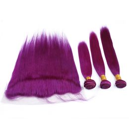 Coloured Purple Brazilian Virgin Human Hair Bundles Silky Straight with Frontal Pure Purple 13x4 Lace Frontal Closure with Weaves Extensions