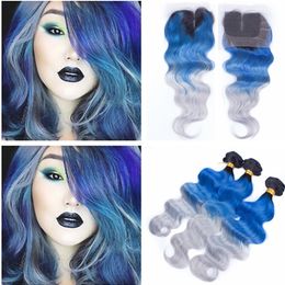 #1B/Blue/Grey Ombre Virgin Hair Weave Bundles with 13x4 Full Lace Frontal Closure Three Tone Ombre Body Wave Peruvian Human Hair Wefts