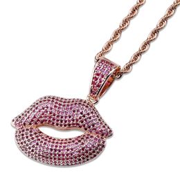 Iced Out Red Lips Pendant Necklace Micro Paved Cubic Zircon Charm Necklace for Men Women Hip Hop Jewellery Gift