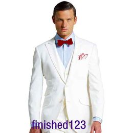 New Arrivals Two Button Ivory Groom Tuxedos Groomsmen Peak Lapel Best Man Blazer Mens Wedding Suits (Jacket+Pants+Vest+Tie) H:821