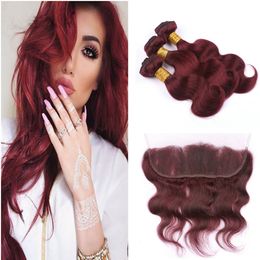 Burgundy Bundles with Frontal Lace Closure Wine Red 99J Frontal and Bundles Dark Red Body Wave Peruvian Human Hair Weaves with Lace Frontal