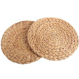 Natural Water Hyacinth Weave Placemat Round Braided Rattan Tablemats, 11 inch