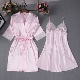 Sleepwear MECHCITIZ 2018 sexy women's pajamas lace flower pink silk robe & gown sets M L XL three size nighties bathrobe + night dress