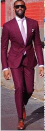 Fashion Burgundy Slim Fit Men Wedding Tuxedos High Quality Groom Tuxedos Peak Lapel Side Vent Men Blazer 2 Piece Suit(Jacket+Pants+Tie) 1816