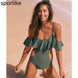 x 2018 Sexy One Piece Swimsuit Off The Shoulder Solid Green Black Swimwear Women Bathing Suit Ruffle Monokini Swim Wear