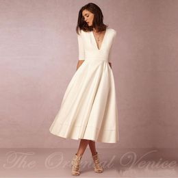 Vintage Wedding Gowns 1950's Tea Length Short Wedding Dresses with Sleeves Sexy Deep V Neck Ivory Summer Beach Bridal Gown