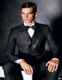 Custom Design Peaked Lapel Double Breasted Black Groom Tuxedos Men Party Groomsmen Suits in Wedding Tuxedos(Jacket+Pants+Tie+Vest)NO;250