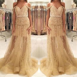 Elegant Off Shoulder Gold Evening Dresses Beads Illusion Saudi Arabia Vestidos De Festa Long Party Dress Prom Formal Pageant Celebrity Gowns