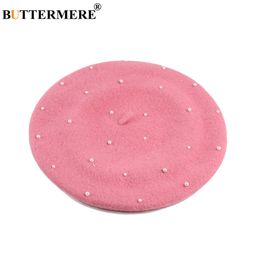 BUTTERMERE Pink French Beret Hat Ladies Wool Tweed Flat Caps Women Elegant Pearl Cute Artist Cap Sweet Warm Autumn Painters Hat