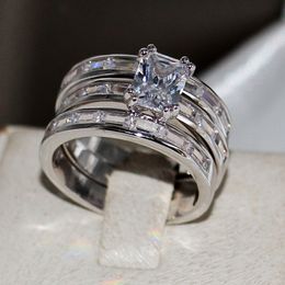 Victoria Wieck Handmade Fashion Jewellery 10KT White Gold Filled Princess Cut White Topaz CZ Crystal Diamond Women Wedding 3 IN 1 Band Ring