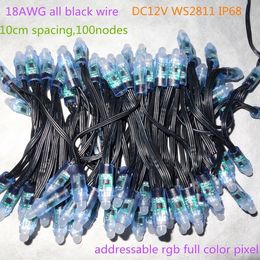 18AWG wire 100pcs/string DC12V 12mm WS2811 addressable RGB led smart pixel node,with all BLACK wire,IP68 rated