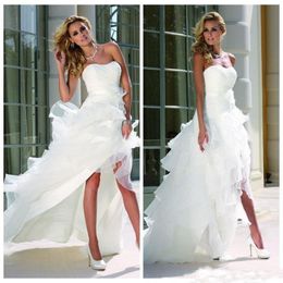 New A Line White High Low Wedding Dresses 2017 Curved Neckline Sleeveless Cascading Ruffles Tiered Skirts Beach Bridal Gown