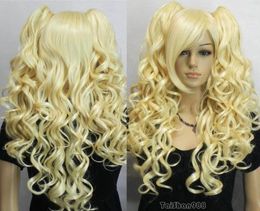 Hot Sell Blonde Clip on 2 Ponytail Pigtail Curly Cosplay Women Hair Wig Wigs