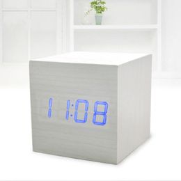 Creative LED wooden square clock, intelligent voice-activated alarm clock for bedroom office home desk -- Blue light
