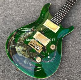 Paul Private Stock Dragon 2000 Green Flame Maple Top Electric Guitar Abalone Brds Inlay,Double Locking Tremolo, Wood Body Binding