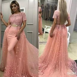 Mermaid elegante passcirts abendkleider kurze ärde spitzen applizepeach formelle kleider dubai arabisch prom Kleid