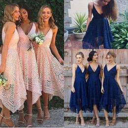 Bridesmaid Dresses 2019 New Style Elegant Tea Length Blush Pink Lace Irregular Hem V Neck Maid of Honour Country Wedding Guest Gowns