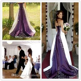 2019 White and purple Embroidery cathedral train Country Wedding Dresses Rustic Bridal Fancy Gowns Gothic Unique Strapless Plus Size Winter