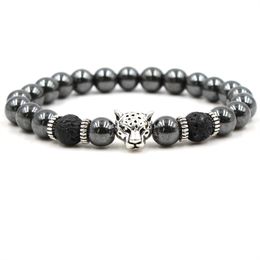 Black lava stone bead bracelets natural stone beads bracelet leopard head men bracelet jewelry