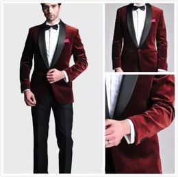 Men Suits Blazer Burgundy Velvet Luxury 2 Pieces Cathedral And Groom's Wedding Suits Slim Fit Formal Business Terno Masculino(jacket+pants)