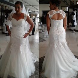 Plus Size Wedding Dresses Mermaid Bridal Gowns with Detachable Bolero Lace Appliques Empire Waist Crystals Beads Tulle Bride Dress