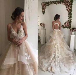 Vintage Sexy Champagne Deep V Neck A Line Tulle Wedding Dress Spaghetti Straps Appliques Lace Tiered Backless Wedding Bridal Dresses