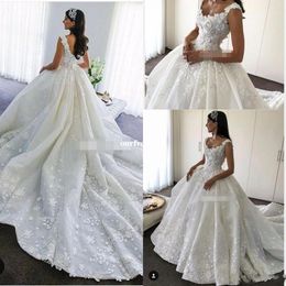 Luxury 3D Floral Applique A Line Wedding Dresses Ball Gown Lace Chapel Train Backless Organza Wedding Bridal Gowns Custom Made