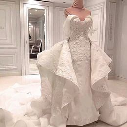 Dubai Stunning Mermaid Wedding Dress With Overskirt Sexy Off Shoulder Crystal Beads 3D Floral Appliques Wedding Gowns Gorgeous Bridal Dress