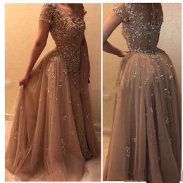 Champagne Arabic Mermaid Evening Dresses With Detachable Train Applique Crustal Formal Prom Party Gowns Special Occasion Dress