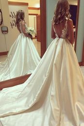 Sexy Sheer Neck Lace Wedding Dresses A Line Backless Applique See Through Court Train Wedding Bridal Gowns High Quality Free Shipping