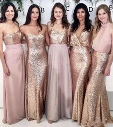 Blush Pink Beach Wedding Bridesmaid Dresses with Rose Gold Sequins Mismatched Maid of Honor Gowns 5 Styles Women Party Formal Wear 2018