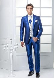 Custom Made Groomsmen Peak Lapel Groom Tuxedos Shiny Blue Men Suits Wedding/Prom Best Man Blazer ( Jacket+Pants+Vest+Tie ) A266