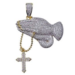 Hip Hop Brass Double Colours Iced Out Micro Pave CZ Praying Hands Cross Pendant Necklace Charm For Men Women